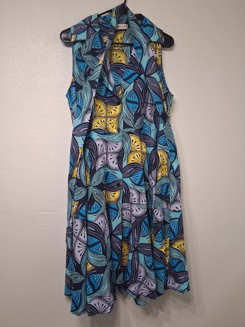 Women Hongyu Amy  Sleeveless Blue/Yellow Patterned Summer Dress Size S With Belt